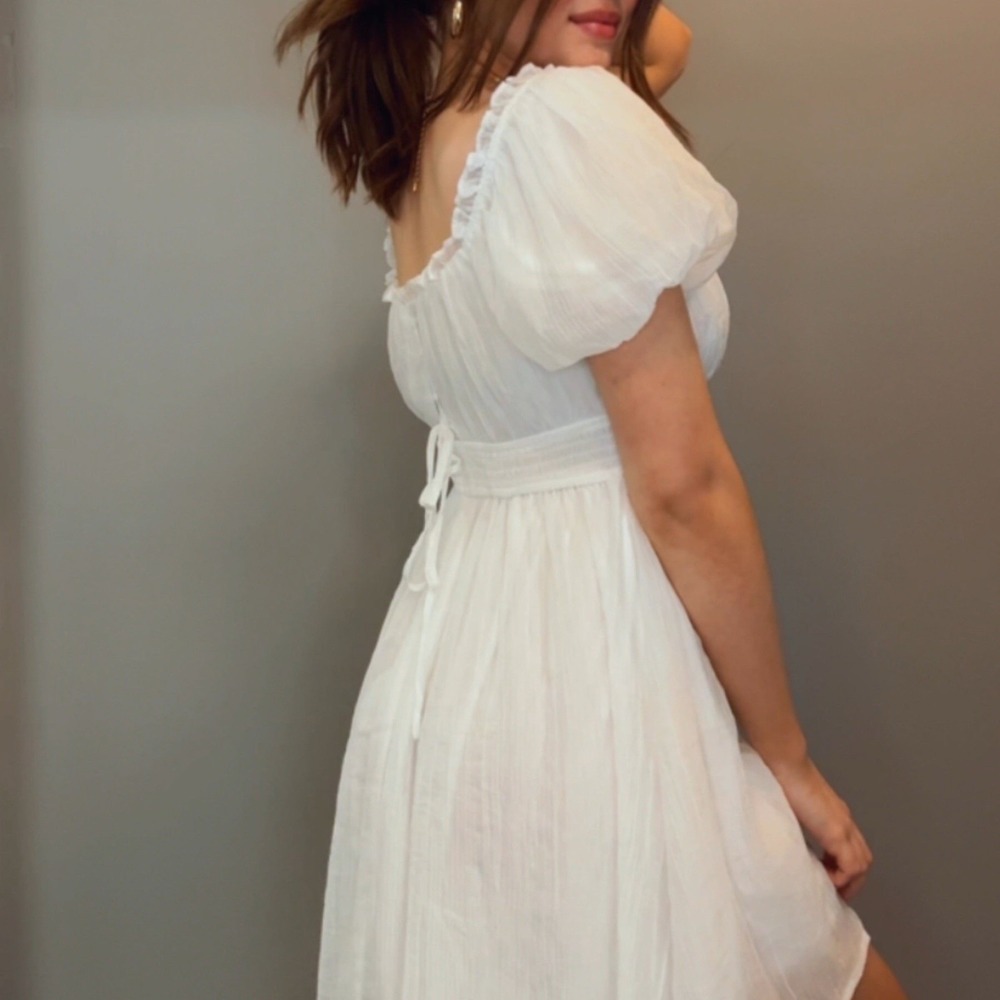 Ballon Sleeve Lace Up Back Mini Dress Coquette Soft Girl White Lined Sz M - Picture 2 of 10